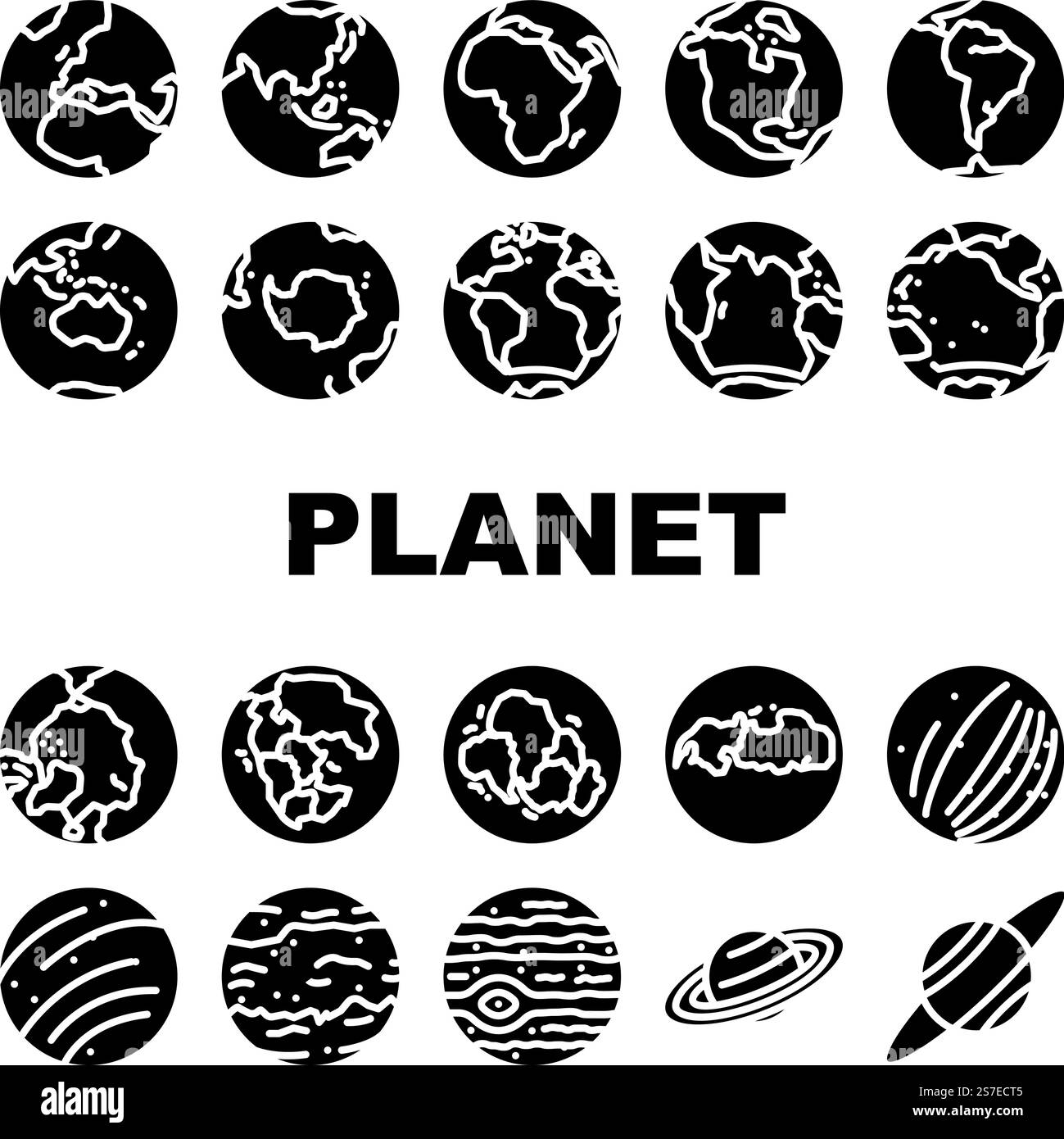 vecteur d'ensemble d'icônes de planète du monde de la terre. Carte globale, sphère graphique, écologie de l'environnement, nature verte, éco continent terre monde monde planète planète planète pictogramme de glyphe illustrations. vecteur d'ensemble d'icônes de planète du monde de la terre Illustration de Vecteur