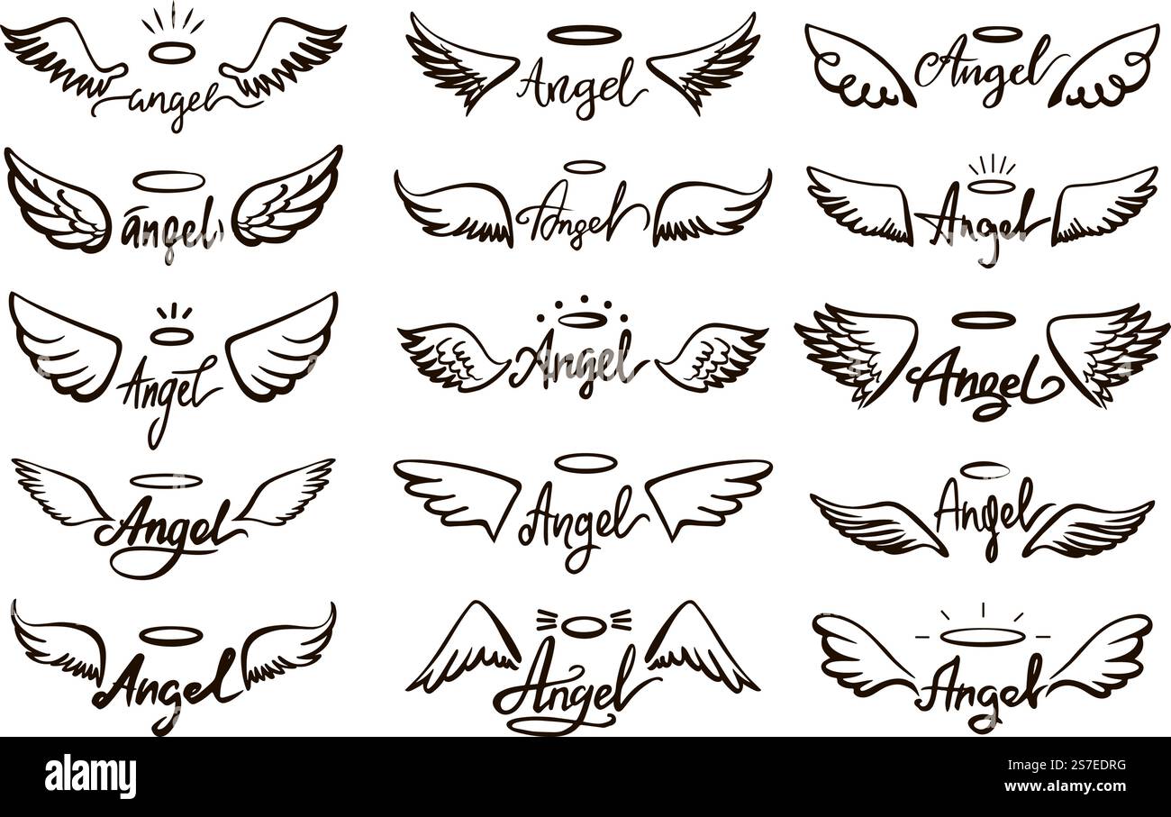 Lettrage d'ange et croquis d'ailes. Esprit saint anges aile avec halo. Plumes volantes d'art d'oiseau. Conception vectorielle dessinée à la main noire pour cartes, invitation ou impressions. Illustration de tatouage de plume d'ange. Lettrage d'ange et croquis d'ailes. Esprit saint anges aile avec halo. Art volant plumes éléments d'oiseau. Conception vectorielle néotérique dessinée à la main noire pour cartes, invitations ou impressions Illustration de Vecteur