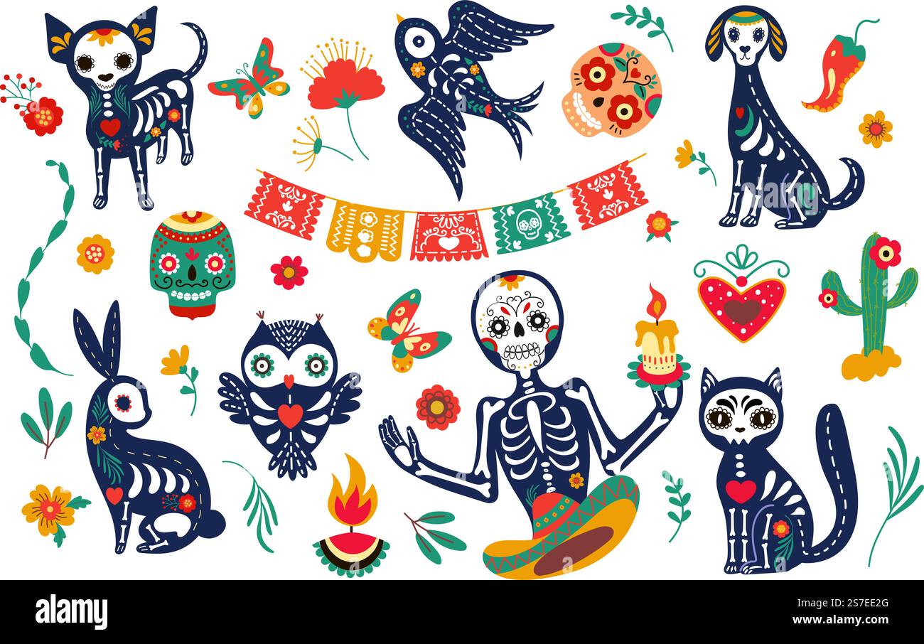 Crânes d'animaux mexicains, chien festif, chat oiseau et hibou. Animaux et squelette humain, célébrations d'halloween effrayantes personnages mignons. Aujourd'hui jour des éléments vectoriels morts de l'illustration du festival mexicain. Crânes d'animaux mexicains, chien festif, chat oiseau et hibou. Animaux et squelette humain, célébrations d'halloween effrayantes personnages mignons. Aujourd'hui jour des éléments vectoriels morts Illustration de Vecteur