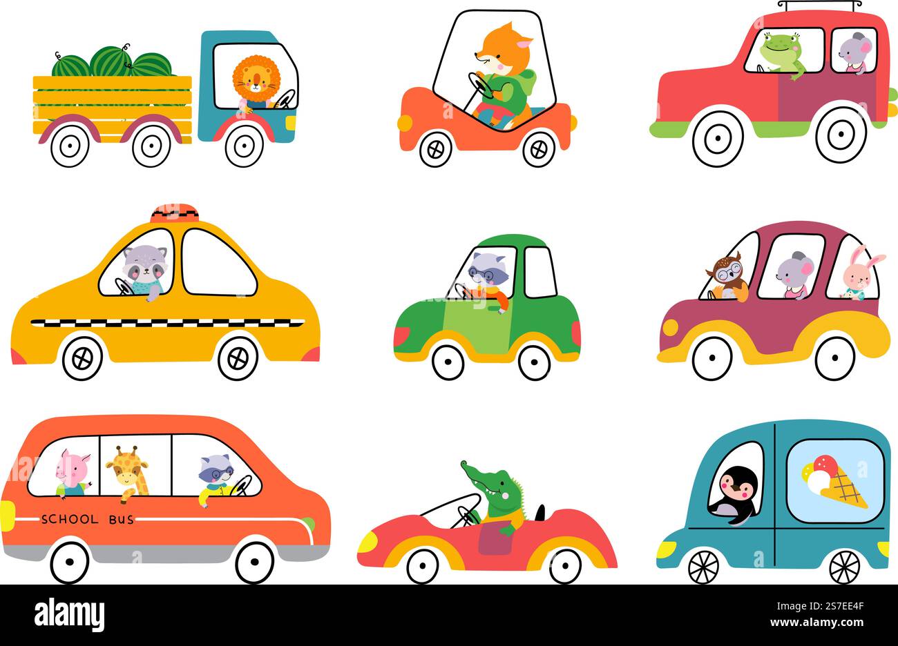 Les animaux de dessin animé mignons conduisent des voitures, des camions et des bus. Taxi jaune et camion de crème glacée avec chauffeur de pingouin. Nowaday Funny Childish vêtements collection vectorielle de l'illustration de camion animal de transport de caractère. Les animaux de dessin animé mignons conduisent des voitures, des camions et des bus. Taxi jaune et camion de crème glacée avec chauffeur de pingouin. Nowaday Funny Childish vêtements collection d'impressions vectorielles Illustration de Vecteur