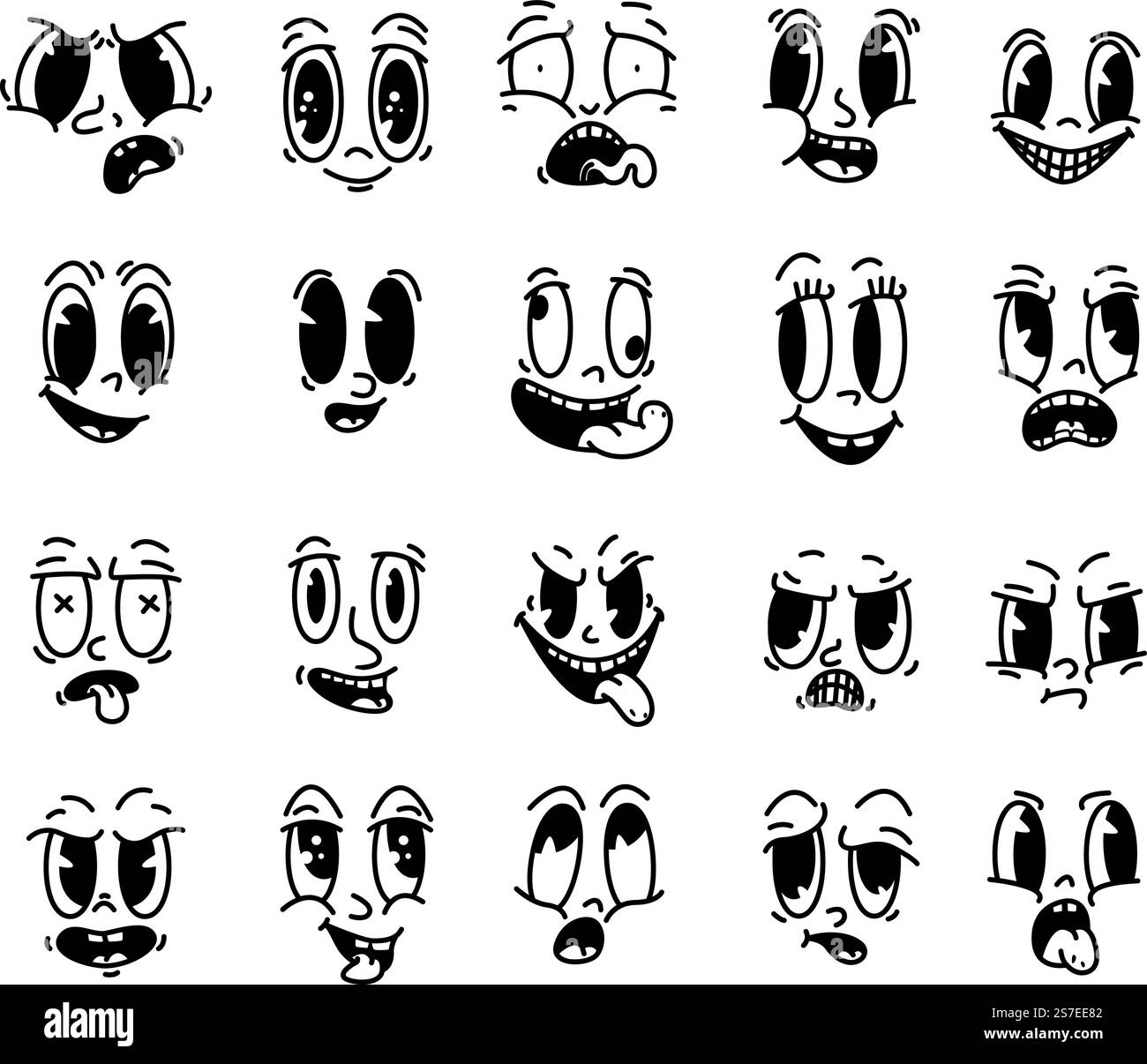 Visages de dessins animés rétro comiques vintage. Visage de mascotte rétro, expressions isolées. Sourire amusant et surprise, têtes en colère ensemble de vecteurs serrés. Collection différente de personnages vintage illustration de dessin animé. Visages de dessins animés rétro comiques vintage. Visage de mascotte rétro, expressions abstraites isolées. Sourire amusant et surprise, têtes en colère ensemble de vecteurs serrés. Collection d'émotions différentes Illustration de Vecteur