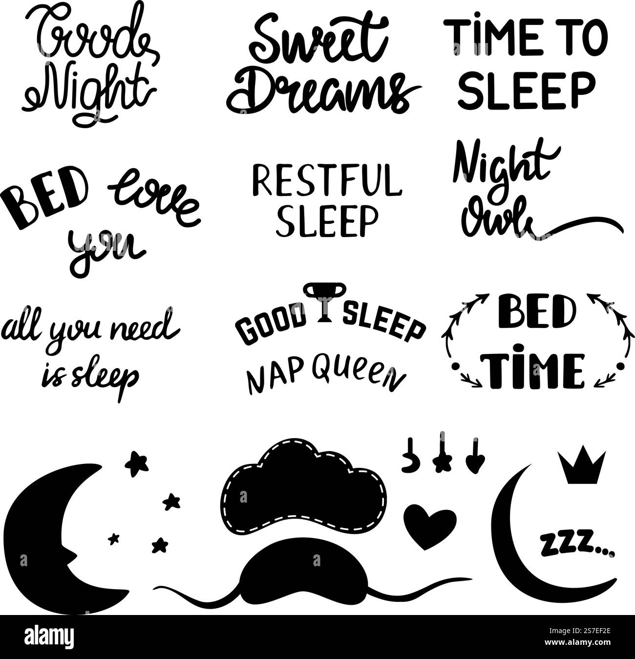 Texte « Bedtime », lettres « Sleep ». Isolé noir temps de coucher texte manuscrit, masques de sommeil et lune. Vector Night imprime des modèles. Illustration de slogan Sleep citation et lettrage. Texte « Bedtime », lettres « Sleep ». Isolé noir temps de coucher texte manuscrit, masques de sommeil et lune. Vector Night imprime des modèles Illustration de Vecteur