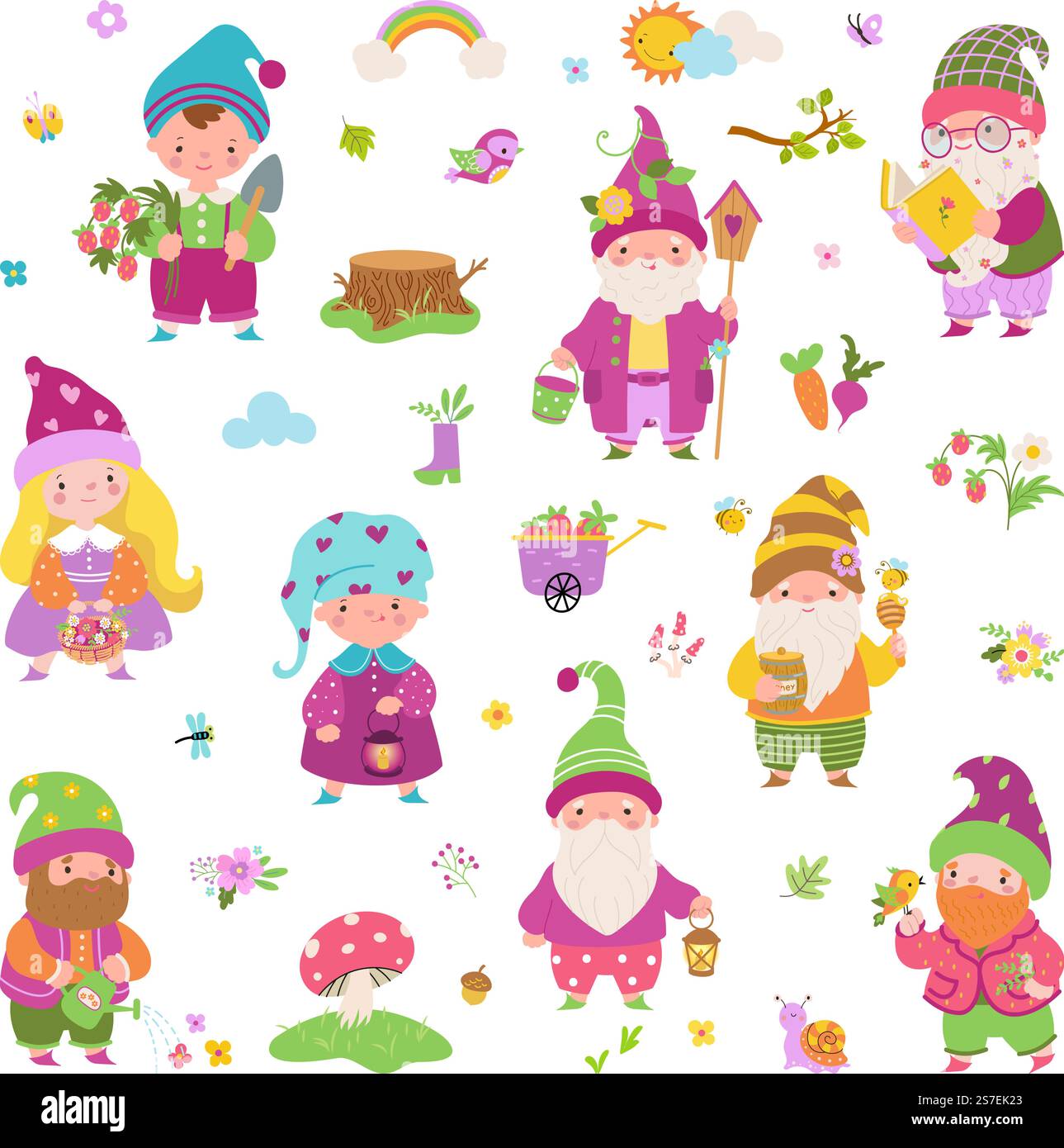 Gnomes de jardin de dessins animés, personnages nains de fées. Mignons nains plats femelles et mâles, légumes, plantes et oiseaux. Été printemps automne aujourd'hui collection vectorielle de gnome de caractère de l'illustration de jardin. Gnomes de jardin de dessins animés, personnages nains de fées. Mignons nains plats femelles et mâles, légumes, plantes et oiseaux. Été printemps automne automne aujourd'hui collection vectorielle Illustration de Vecteur