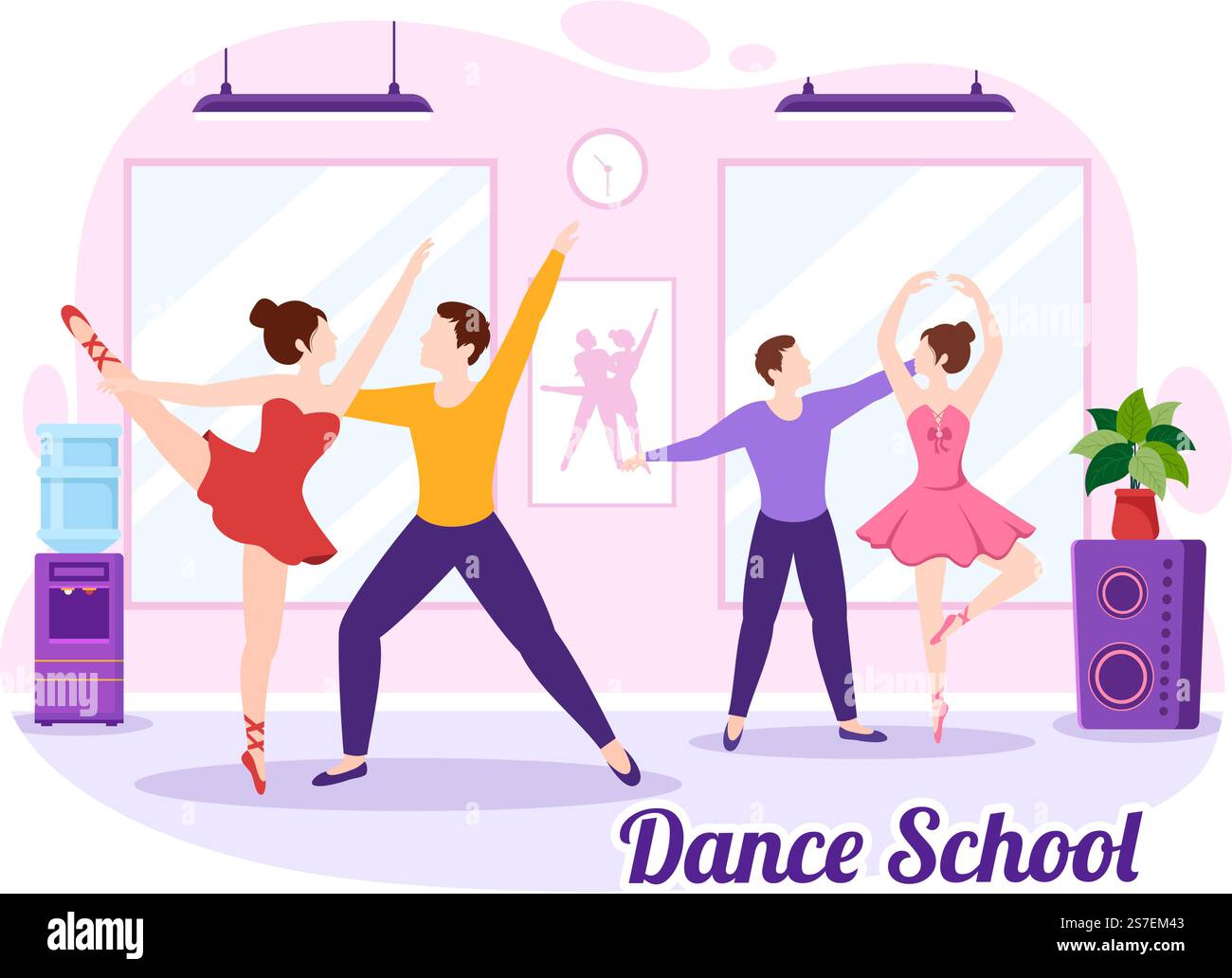 École de danse Illustration des personnes dansant ou choreography avec l'équipement de musique en studio en Flat Cartoon modèles de page d'arrivée dessinés à la main Illustration de Vecteur