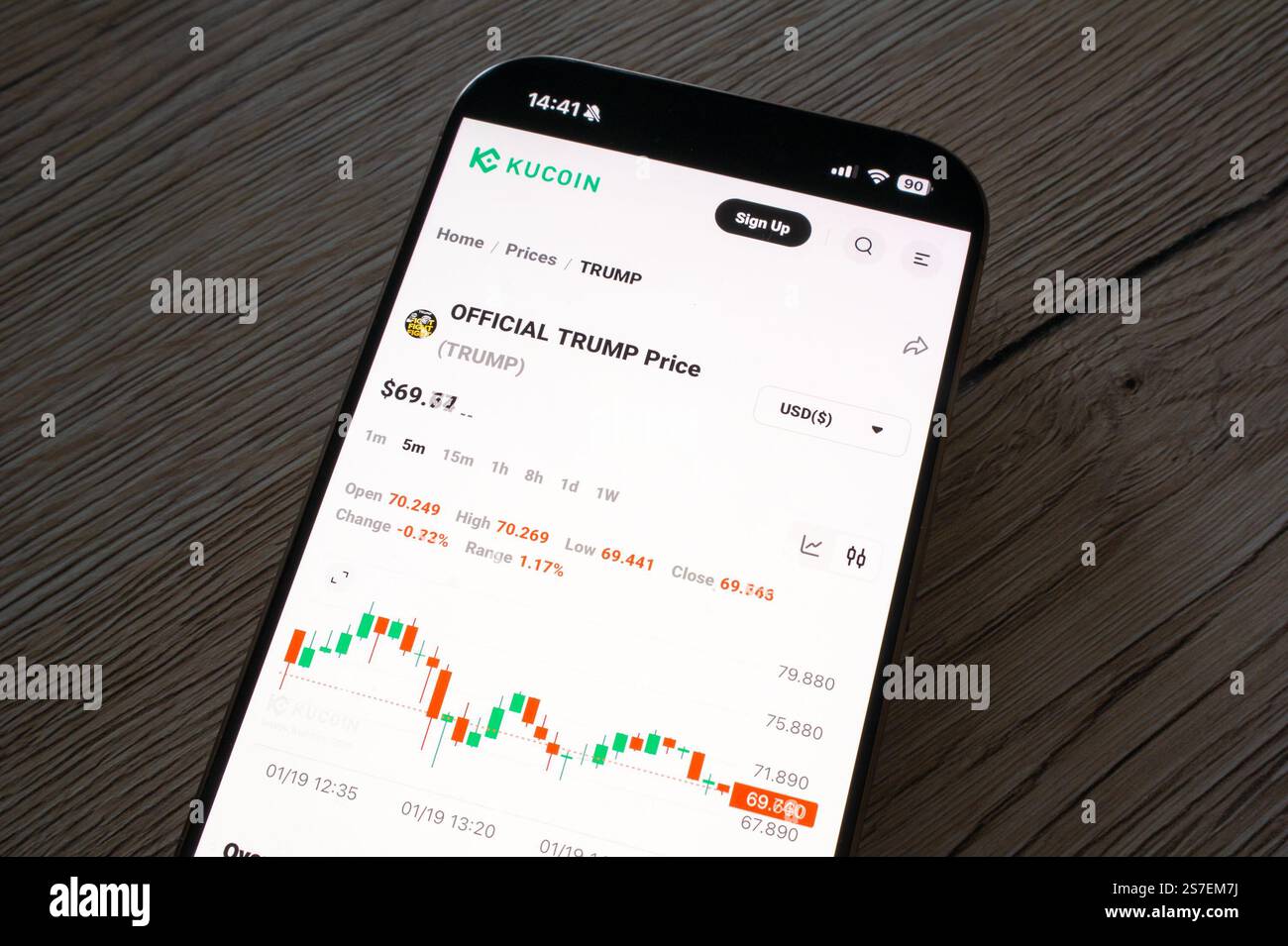 OSTRAVA, TCHÉQUIE - 19 JANVIER 2025 : site Web KuCoin avec tableau des prix de la crypto-monnaie officielle TrumpCoin TRUMP Banque D'Images