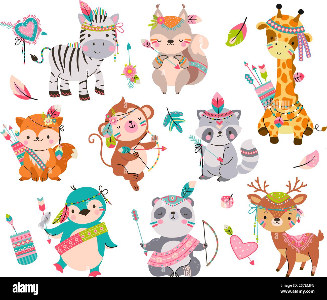 Animaux tribaux de dessins animés. Animal mignon sauvage avec des flèches. Renard de style boho, raton laveur et pingouin. Personnages de bébé boisé, clipart vecteur enfantin adorable de dessin animé d'animaux de forêt sauvage illustration. Animaux tribaux de dessins animés. Animal mignon sauvage avec des flèches. Renard de style boho, raton laveur et pingouin. Personnages de bébé boisé, adorable enfantin de nos jours clipart vectoriel Illustration de Vecteur
