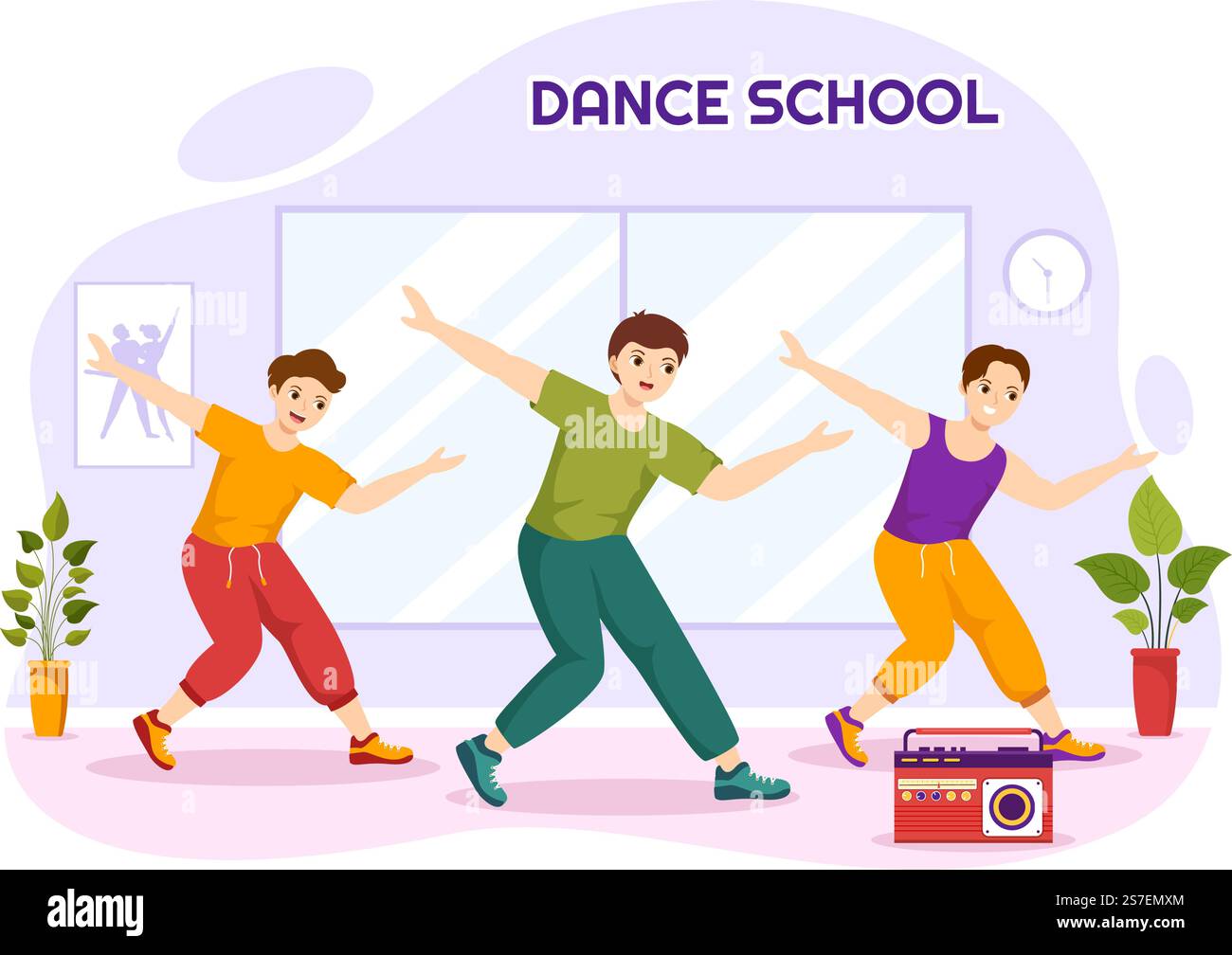 École de danse Illustration des personnes dansant ou choreography avec l'équipement de musique en studio en Flat Cartoon modèles de page d'arrivée dessinés à la main Illustration de Vecteur