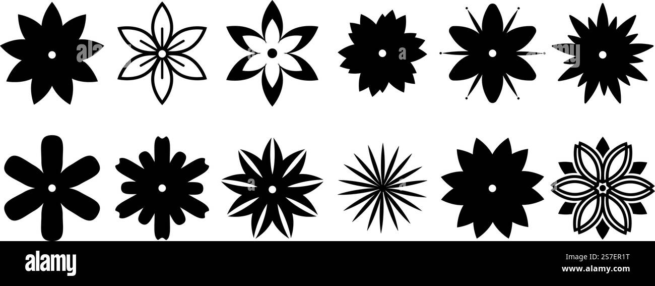 Fleurs silhouettes noires isolées. Icônes de fleurs, éléments floraux vectoriels. Nature décorative graphique, conception de plantes de jardin plates pour bannières, logos, branding. Illustration de la silhouette d'icône de fleur. Fleurs silhouettes noires isolées. Icônes de fleurs, éléments floraux vectoriels. Nature décorative graphique, conception de plantes de jardin plates pour bannières, logos, branding Illustration de Vecteur