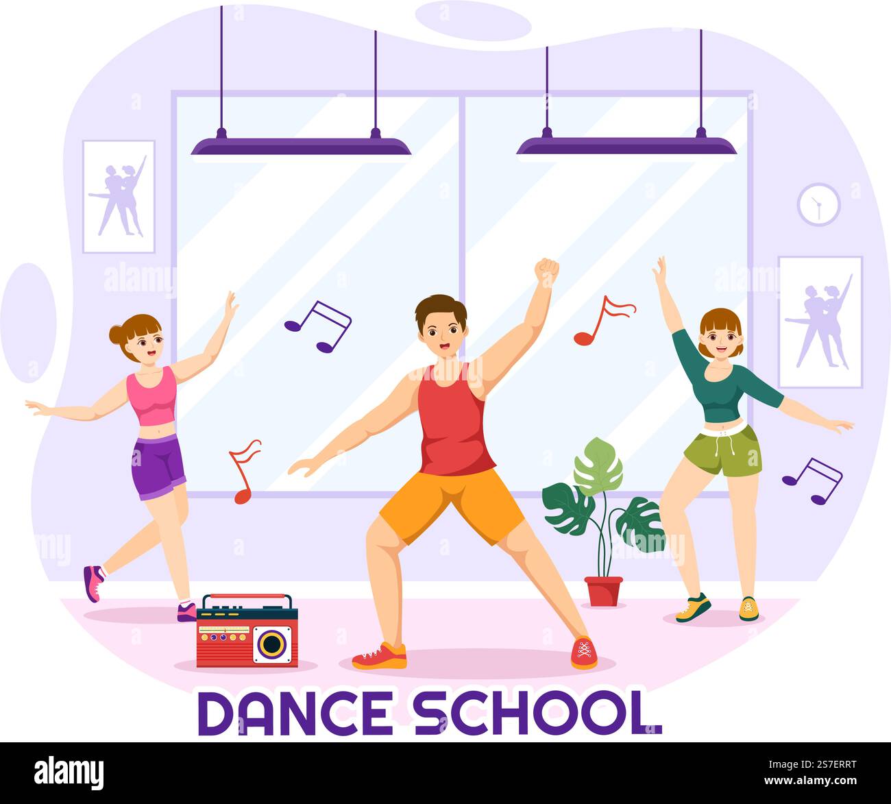 École de danse Illustration des personnes dansant ou choreography avec l'équipement de musique en studio en Flat Cartoon modèles de page d'arrivée dessinés à la main Illustration de Vecteur