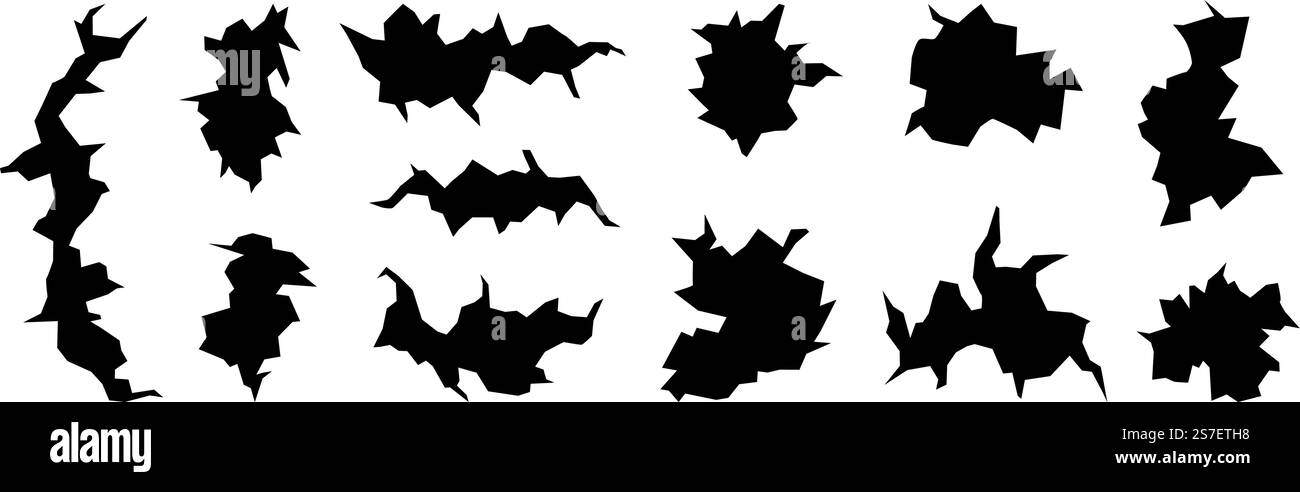 Formes abstraites noires avec bords cassés et déchirés. Surface endommagée, fissures et conception de jeu de vecteurs de trous. Éléments graphiques grunge décoratifs de fissure graphique et de conception de dommages fendus. Formes abstraites noires avec bords cassés et déchirés. Surface endommagée, fissures et conception de jeu de vecteurs de trous. Eléments graphiques grunge décoratifs Illustration de Vecteur