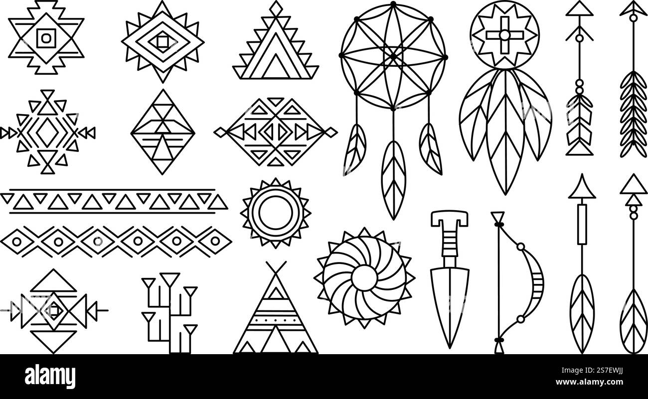 Éléments amérindiens, symboles tribaux graphiques indiens navajo. Dreamcatcher, flèches et motifs. Éléments aztèques, ensemble géométrique vecteur décent de l'illustration traditionnelle navajo graphique. Éléments amérindiens, symboles tribaux graphiques indiens navajo. Dreamcatcher, flèches et motifs. Eléments aztèques, ensemble géométrique vectoriel décent Illustration de Vecteur