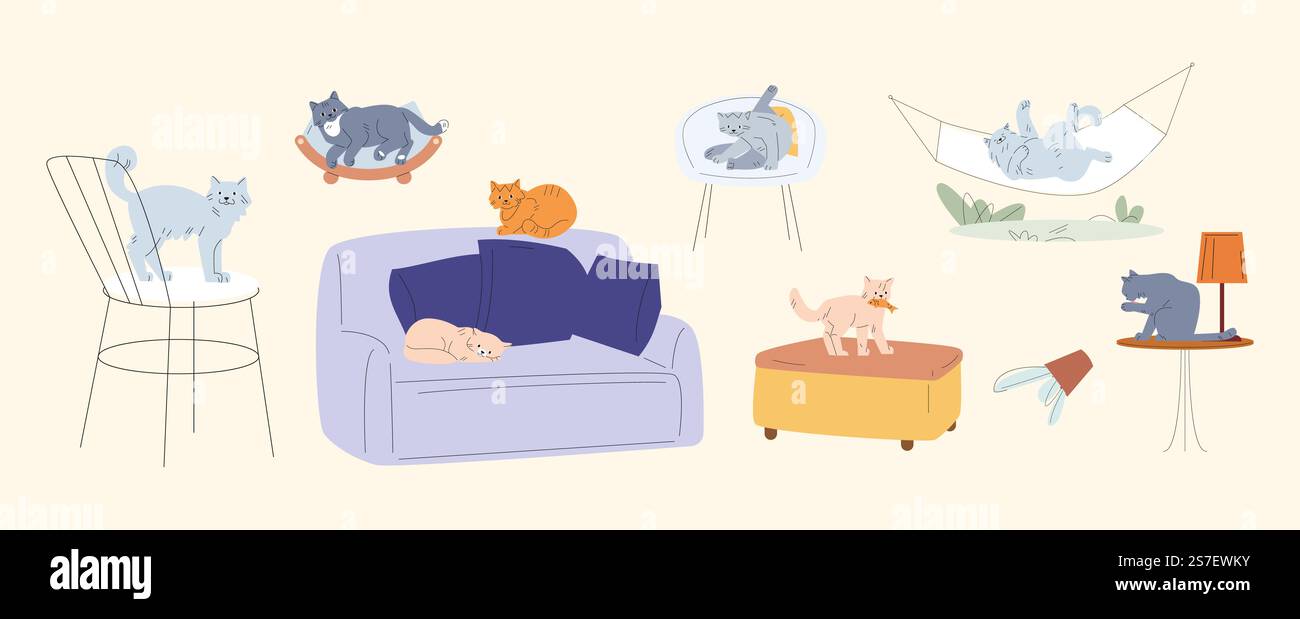 Chats moelleux, diverses poses chat. Différents chatons dorment sur un canapé, se reposant dans un hamac et une chaise. Nettoyage d'animaux domestiques, assis sur la table ou le lit d'animaux, ensemble vectoriel de chaton, illustration drôle de pose d'animaux de compagnie. Chats moelleux, diverses poses chat. Différents chatons dorment sur un canapé, se reposant dans un hamac et une chaise. Nettoyage d'animaux domestiques, assis sur la table ou le lit d'animaux, ensemble de vecteur Illustration de Vecteur