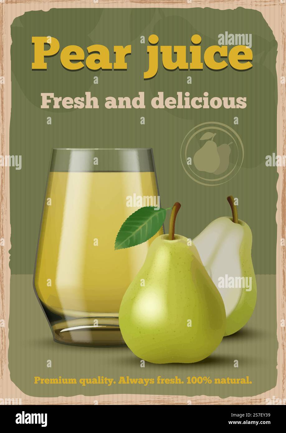 Affiche poire. Écriteau rétro pour les annonces de jus de fruits illustrations vintage modèles vectoriels décents dans le style des années 1950 de jus de poire, nourriture de fruits juteuse. Affiche poire. Placard rétro pour les annonces de jus de fruits illustrations vintage modèles vectoriels décents dans le style des années 1950 Illustration de Vecteur