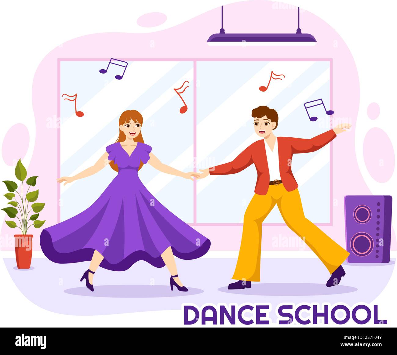 École de danse Illustration des personnes dansant ou choreography avec l'équipement de musique en studio en Flat Cartoon modèles de page d'arrivée dessinés à la main Illustration de Vecteur