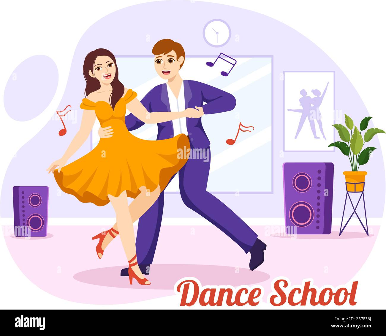 École de danse Illustration des personnes dansant ou choreography avec l'équipement de musique en studio en Flat Cartoon modèles de page d'arrivée dessinés à la main Illustration de Vecteur