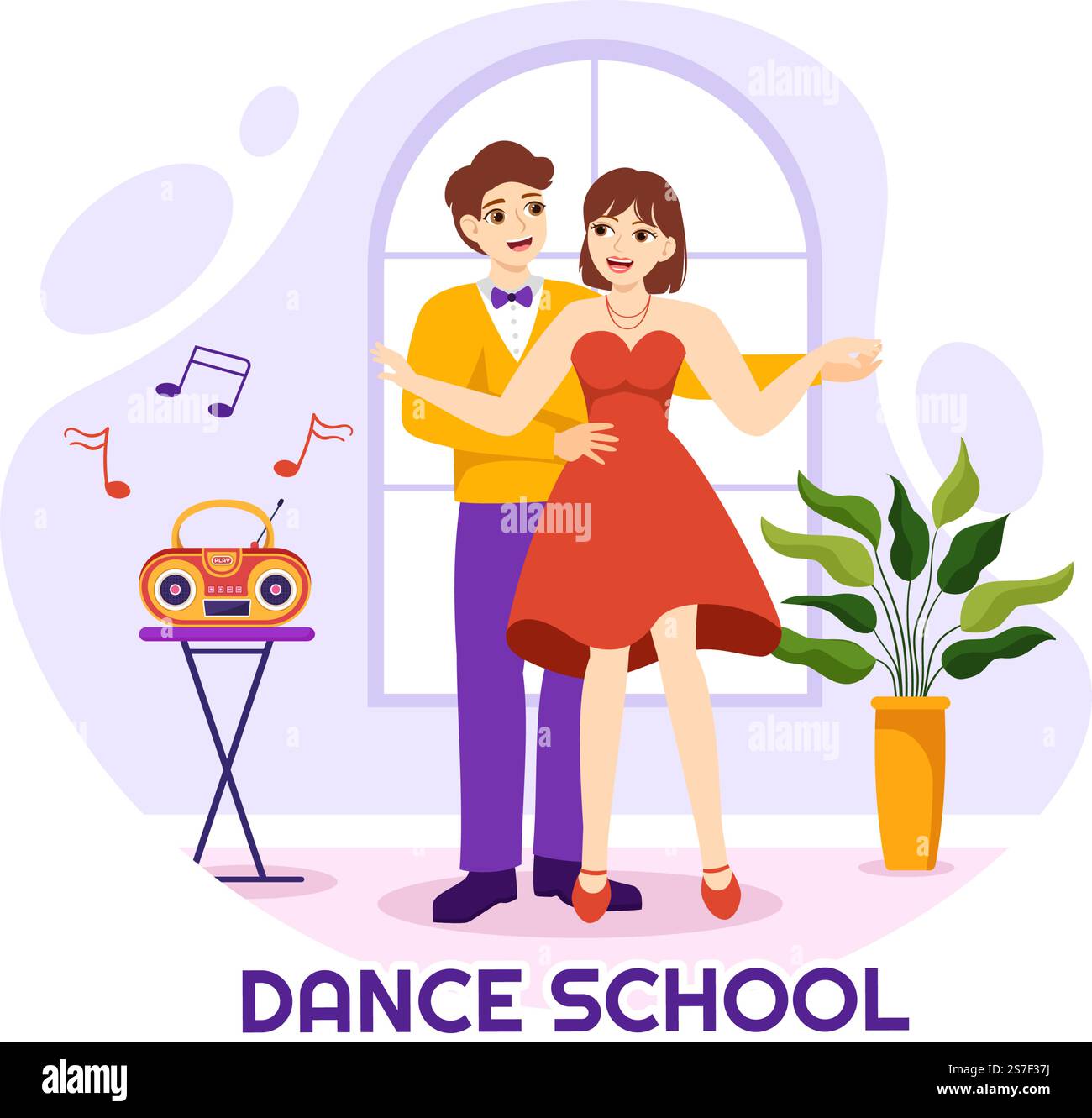 École de danse Illustration des personnes dansant ou choreography avec l'équipement de musique en studio en Flat Cartoon modèles de page d'arrivée dessinés à la main Illustration de Vecteur