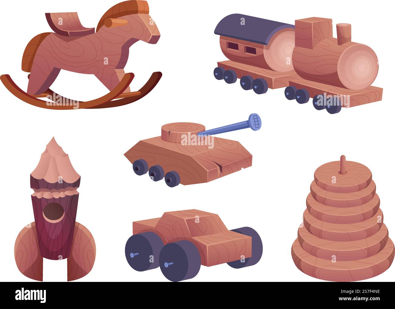Jouets en bois. Attraction pour les voitures d'enfants maisons soldats cubes collection exacte de jouets vectoriels isolé sur blanc. Illustration de fusée jouet et train. Jouets en bois. Attraction pour les voitures d'enfants maisons soldats cubes collection exacte de jouets vectoriels isolé sur blanc Illustration de Vecteur