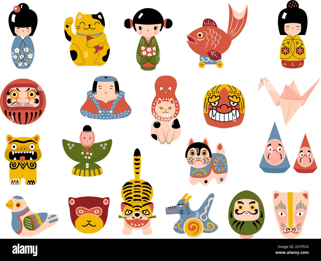 Jouets japonais. Masques daruma poupées kokeshi maneki chat origami souvenirs illustrations vectorielles récentes de jouet japonais daruma, poupée mignon chanceux. Jouets japonais. Masques daruma poupées kokeshi maneki chat origami souvenirs illustrations vectorielles récentes Illustration de Vecteur