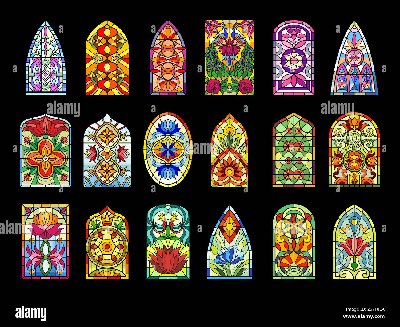 Vitraux. Cadres colorés décoratifs verres transparents pour les fenêtres médiévales de cathédrale d'église modèles vectoriels récents de l'illustration de conception décorative en verre. Vitraux. Cadres colorés décoratifs verres transparents pour les fenêtres médiévales de cathédrale d'église modèles vectoriels récents Illustration de Vecteur