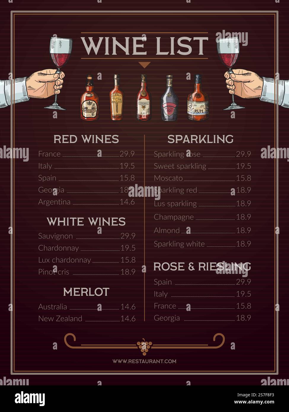 Carte des vins. modèle vectoriel de conception d'impression avec place pour le texte de la bouteille de menu de vin, illustration de carte de restaurant, décoration d'élément. Carte des vins. imprimer modèle vectoriel de conception avec place pour le texte Illustration de Vecteur