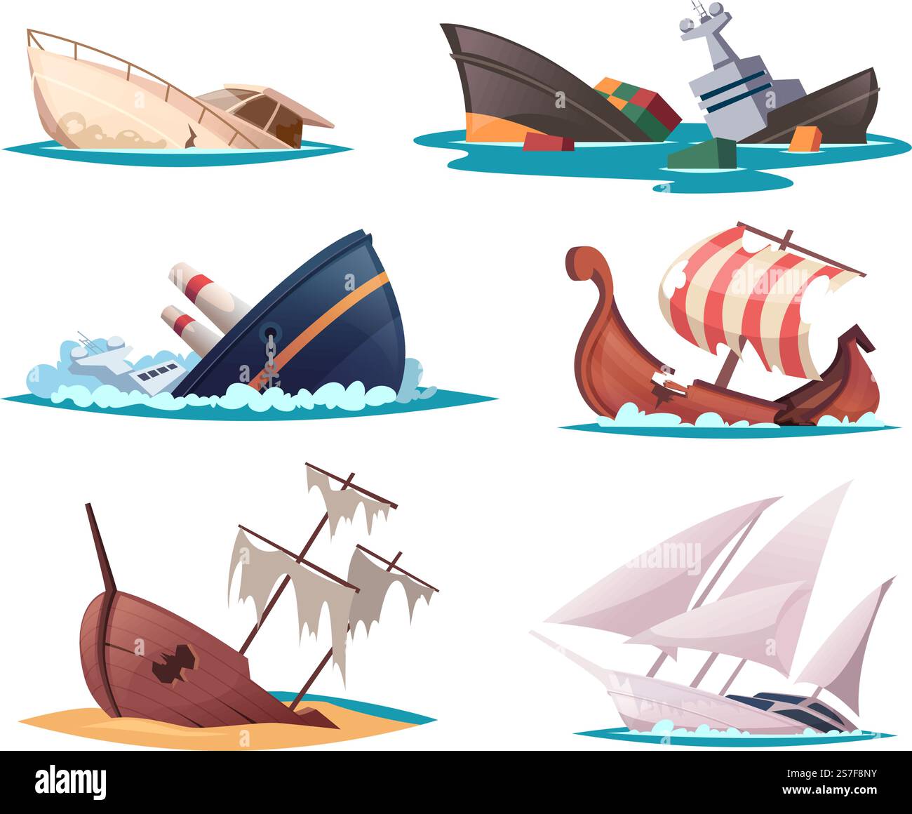 Vaisseau cassé. Bateaux de navigation endommagés nage accident de crash brigantine illustrations exactes de navire de dessin animé vectoriel d'accident de crash en mer ou en océan. Vaisseau cassé. Bateaux de navigation endommagés nage accident de crash brigantine illustrations de navire de dessin animé vectoriel exact Illustration de Vecteur