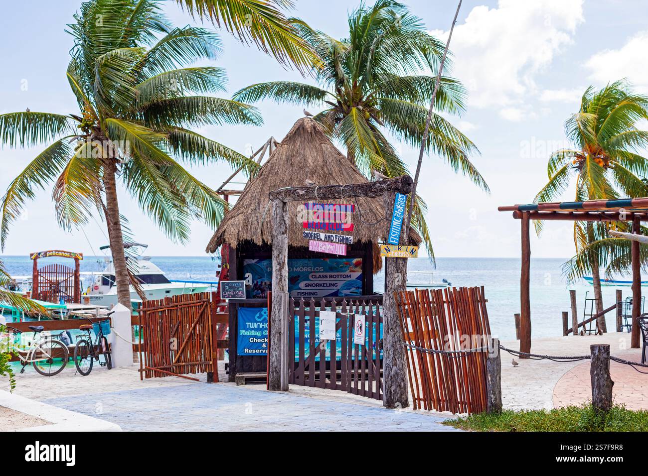 Mexique, Puerto Morelos, front de mer avec palapa et palmiers. Banque D'Images
