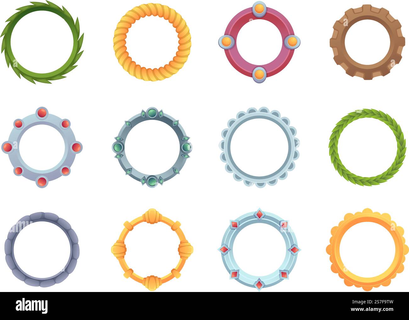 Cadres ronds. Formes de cercle d'interface d'interface d'interface de jeu dans la collection d'illustrations vectorielles exactes de style de dessin animé du modèle de conception de cadre de jeu. Cadres ronds. Formes de cercle d'interface d'interface d'interface de jeu dans la collection d'illustrations vectorielles exactes de style cartoon Illustration de Vecteur