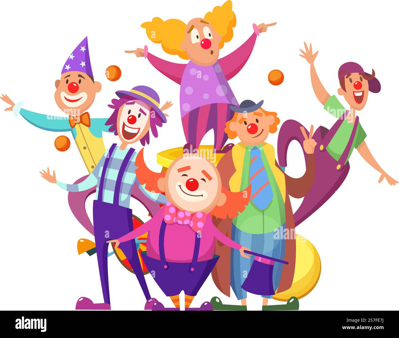 Groupe de clowns. drôles d'ouvriers de cirque de divertissement coloré. caractères isolés. Illustration de clown drôle, groupe de costumes colorés. Groupe de clowns. drôles d'ouvriers de cirque de divertissement coloré. caractères isolés Illustration de Vecteur