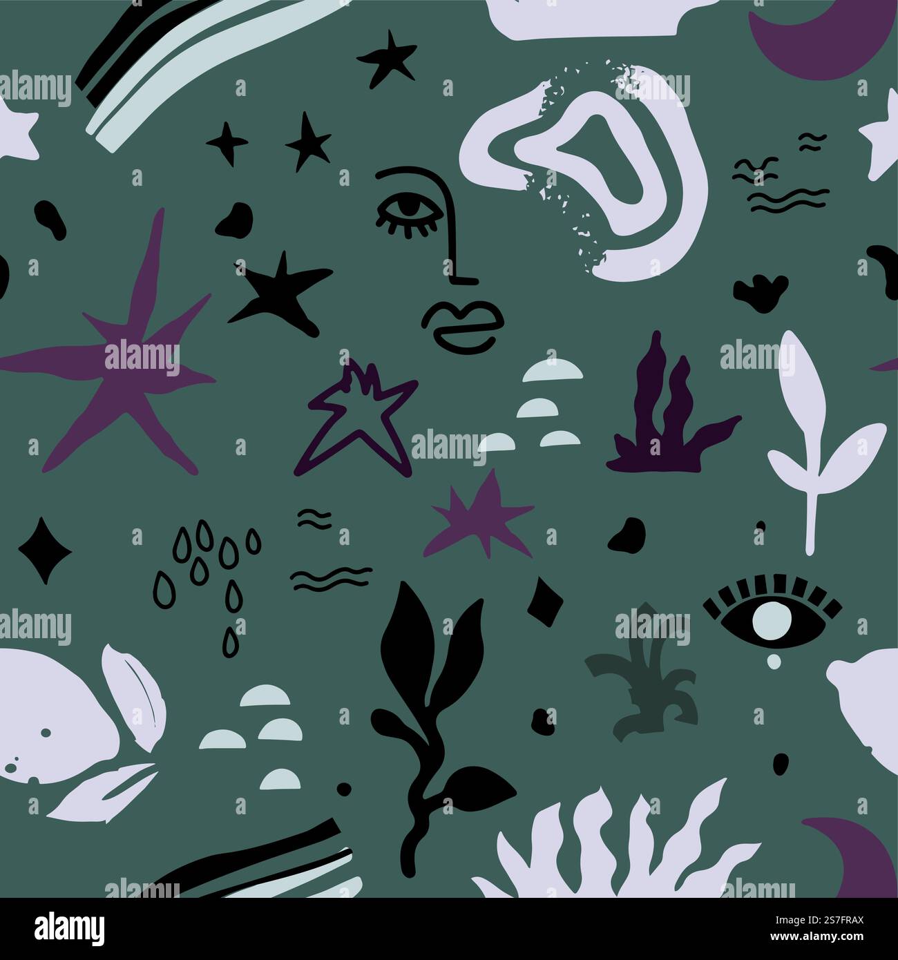 Fond avec des visages humains, feuillage et feuilles éléments de design abstraits et décoration. Gouttes de pluie et fleurs, motif sans couture ou impression pour tissu textile ou typographie. Vecteur dans le style plat. Fond abstrait, imprimer vecteur de modèle sans couture Illustration de Vecteur