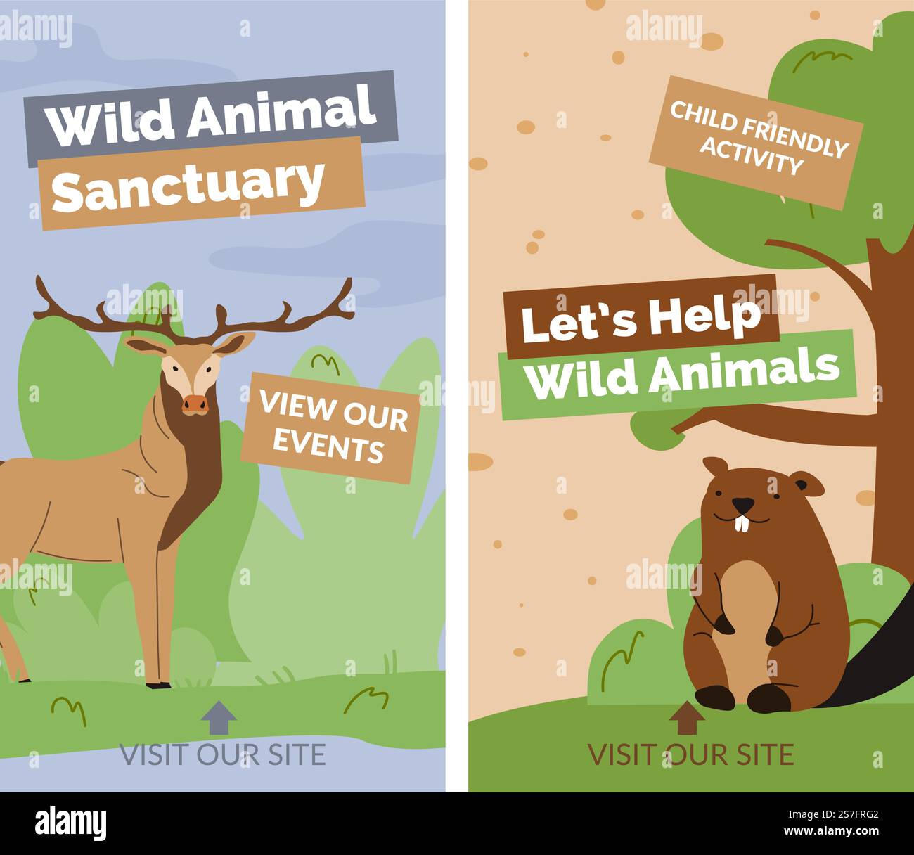 Sanctuaire animalier avec espèces sauvages, activités adaptées aux enfants. Laissez&rsquo;s aider la nature à visualiser vos événements. Parc ou réserve pour la flore et la faune. Bannière publicitaire promotionnelle. Vecteur dans le style plat. Sanctuaire d'animaux sauvages, activité adaptée aux enfants Illustration de Vecteur