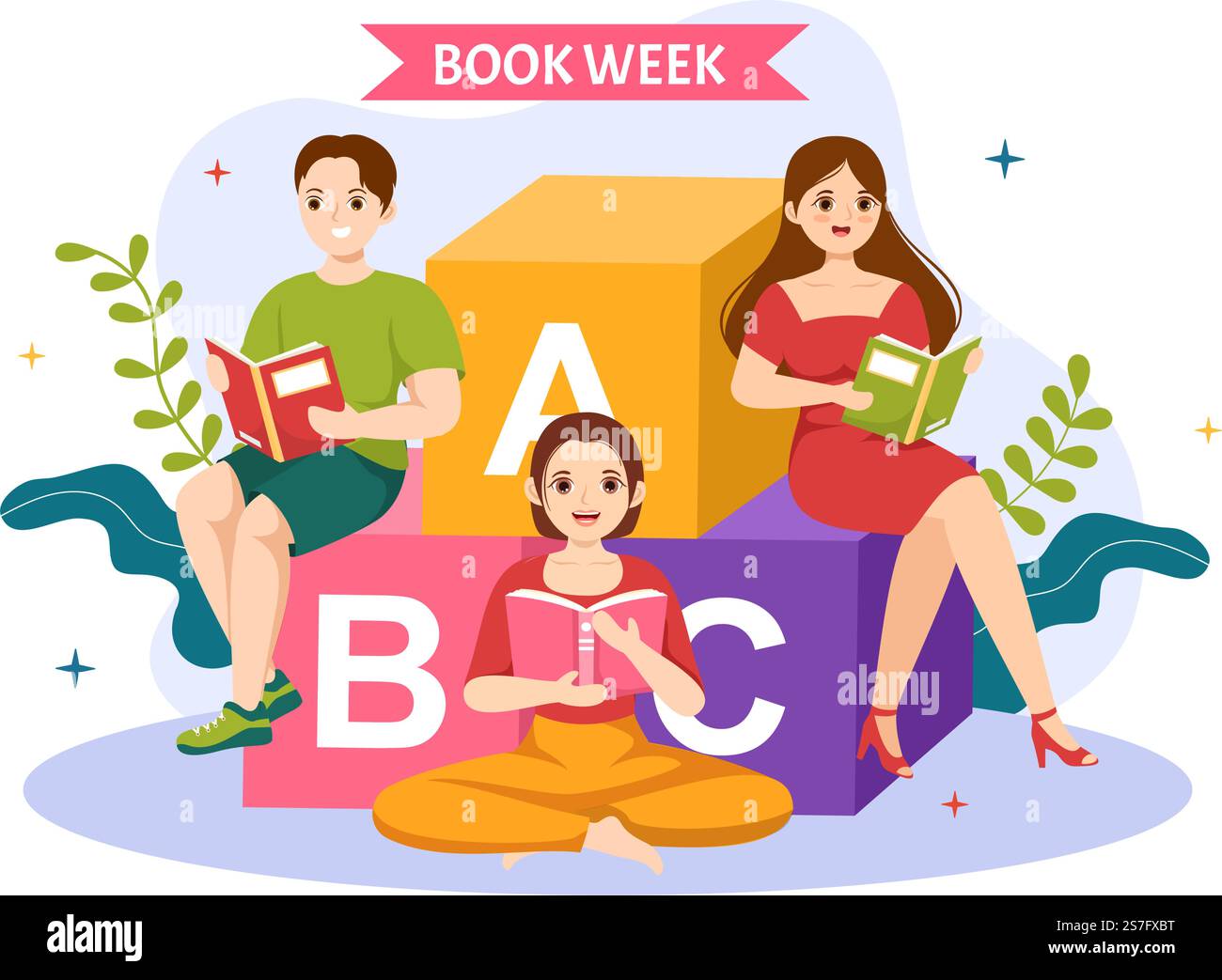 Livre semaine événements scénario Illustration avec des gens lisant ou des étudiants Etudier des manuels en dessin plat dessin main dessin de page d'accueil modèles Illustration de Vecteur