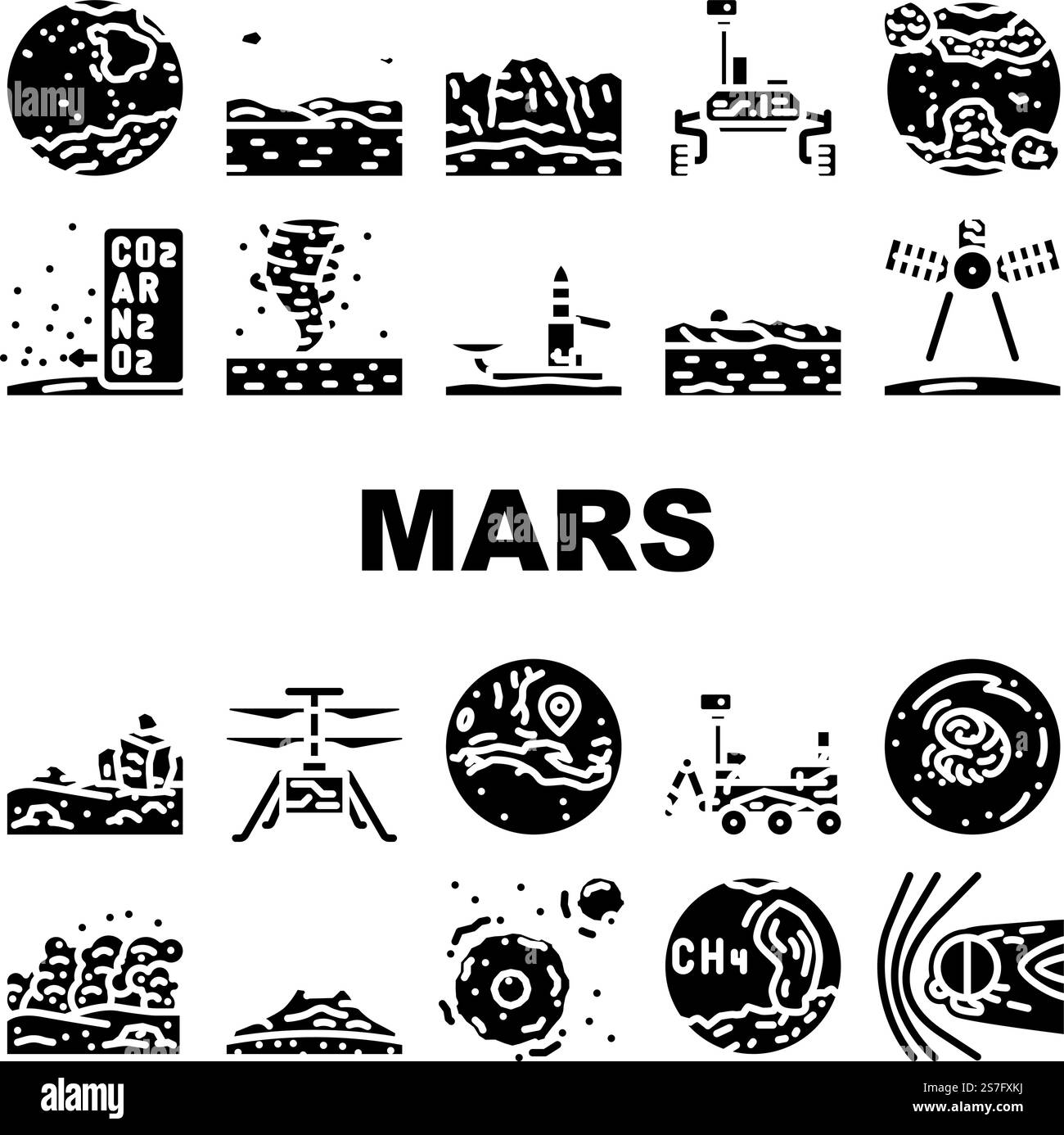 vecteur de jeu d'icônes de cosmos d'espace de science de mars. Univers mars, astronomie des galaxies, ciel étoilé, exploration de surface, paysage rouge cosmique mars planète science cosmos espace pictogramme de glyphe cosmos. vecteur de jeu d'icônes de cosmos d'espace de science de mars Illustration de Vecteur