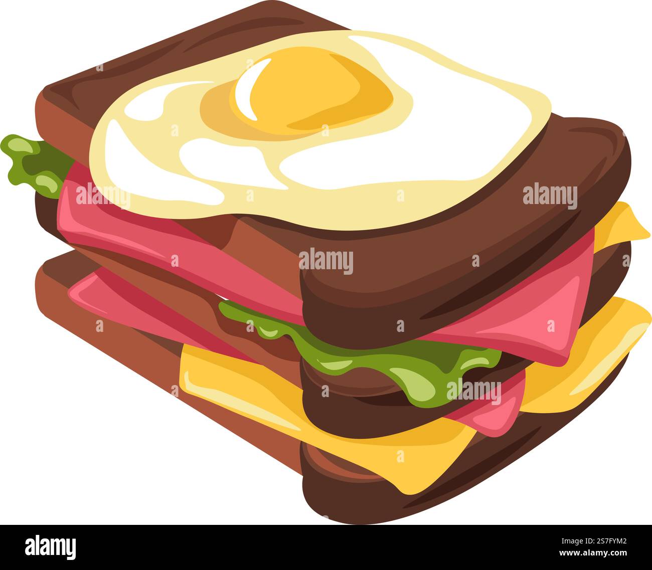 Délicieuse collation avec du pain, des œufs frits, des légumes et du jambon, des tranches de fromage. Sandwich isolé, attraper et aller de la restauration rapide. Menu restaurant ou boutique, repas café. Produit savoureux pour le dîner. Vecteur dans le style plat. Sandwichs faits maison avec oeufs frits et légumes Illustration de Vecteur