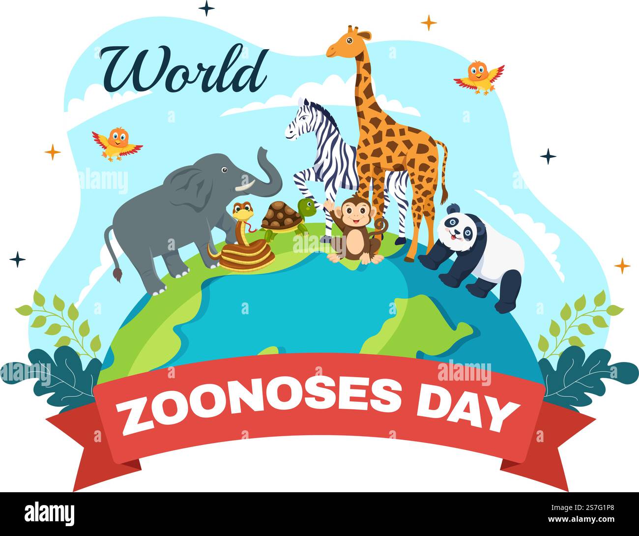 Illustration du vecteur de la Journée mondiale des zoonoses le 6 juillet avec divers animaux qui se trouvent dans la forêt en modèles de page d'arrivée tirés à la main de dessin animé Illustration de Vecteur