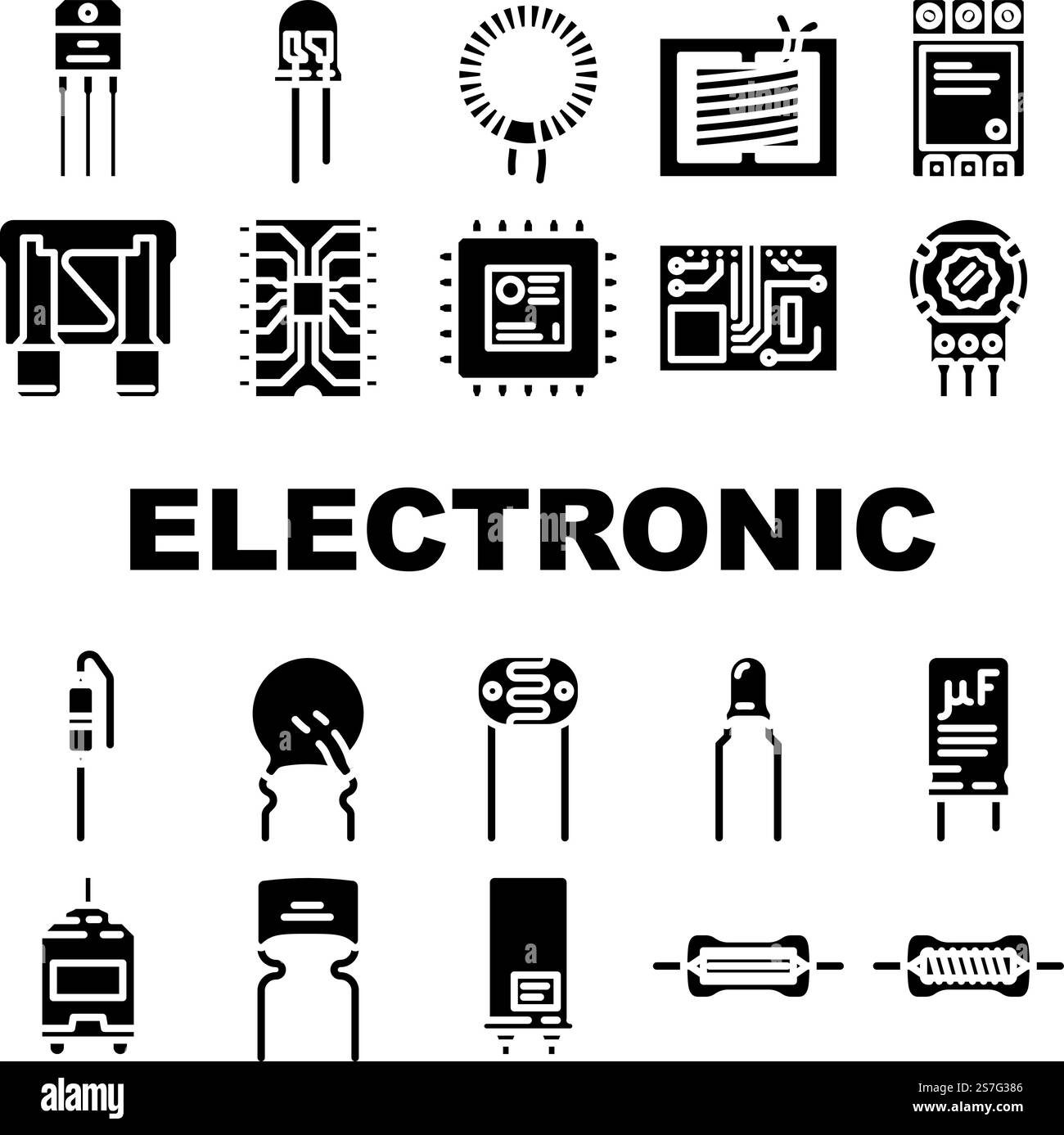 vecteur de jeu d'icônes de puce électronique de composant. Circuit microchip, ingénierie matérielle, processeur de pièces, composants électriques de technologie, illustrations de pictogramme de glyphe de puce électronique. vecteur de jeu d'icônes de puce électronique de composant Illustration de Vecteur