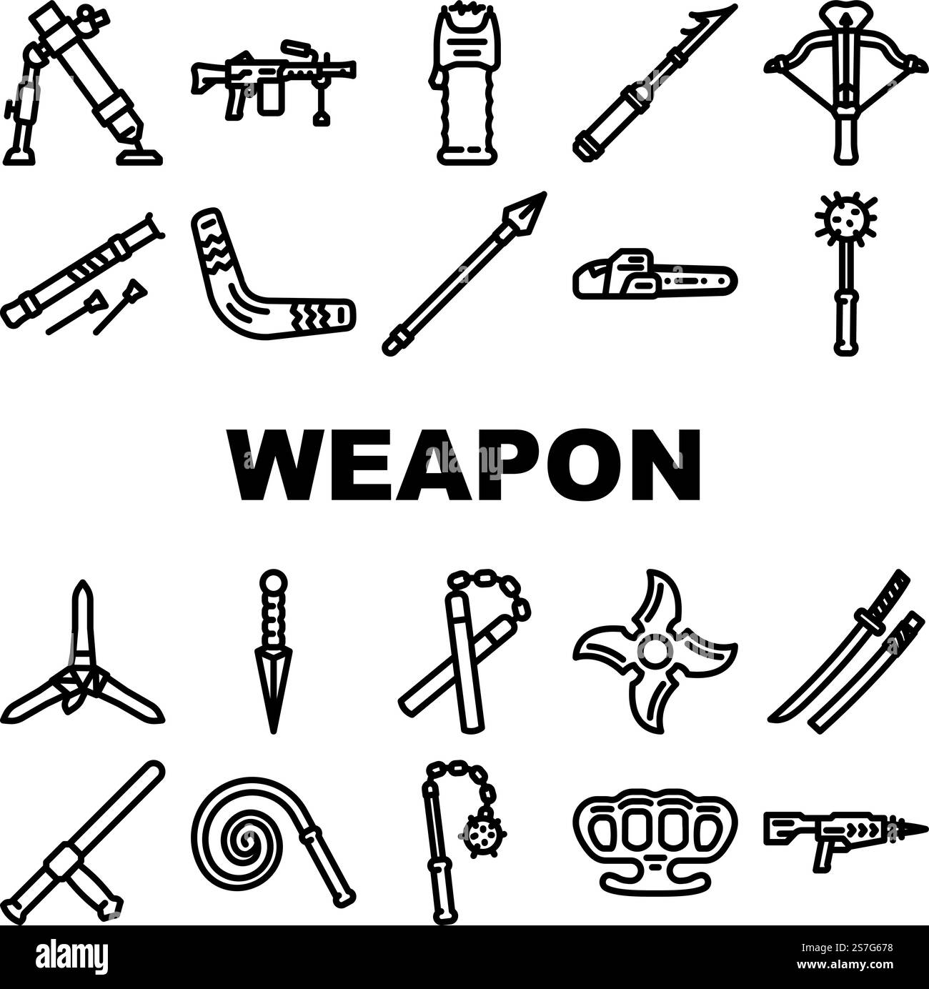 vecteur de jeu d'icônes militaires de pistolet de guerre d'arme. couteau de l'armée, signe de pistolet, fusil de combat, silhouette acier, jeu automatique crime danger arme de guerre militaire armes à feu de guerre illustrations de contour noir. vecteur de jeu d'icônes militaires de pistolet de guerre d'arme Illustration de Vecteur