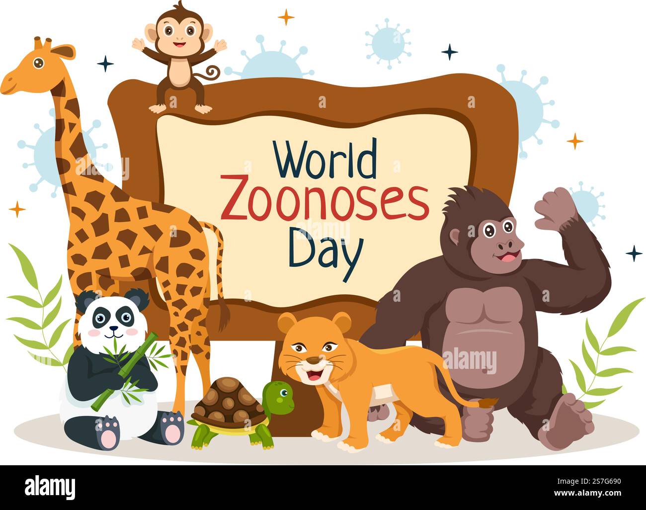 Illustration du vecteur de la Journée mondiale des zoonoses le 6 juillet avec divers animaux qui se trouvent dans la forêt en modèles de page d'arrivée tirés à la main de dessin animé Illustration de Vecteur