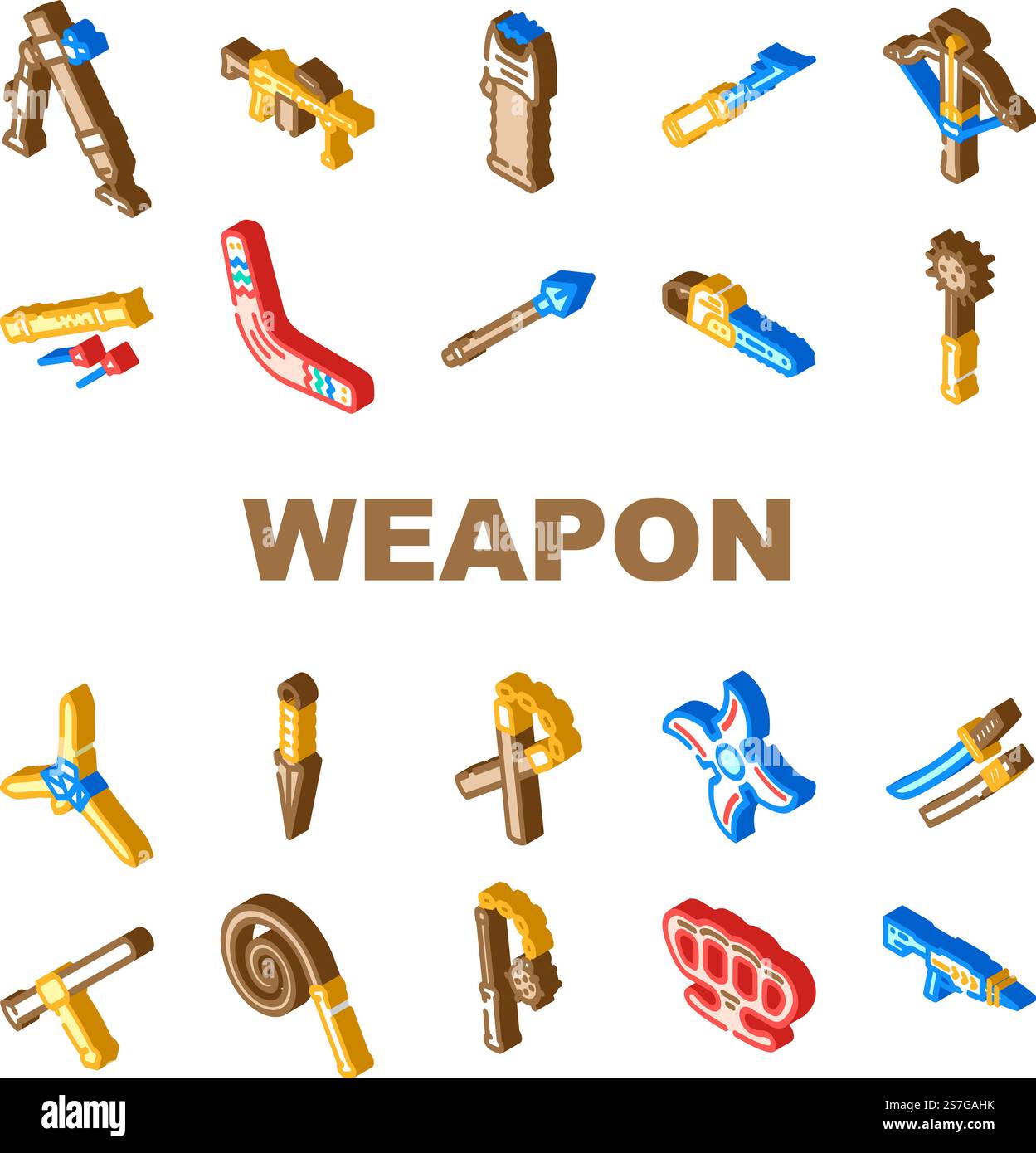 vecteur de jeu d'icônes militaires de pistolet de guerre d'arme. couteau d'armée, signe de pistolet, fusil de combat, silhouette acier, jeu automatique crime danger arme de guerre arme de guerre illustrations de signe isométrique militaire. vecteur de jeu d'icônes militaires de pistolet de guerre d'arme Illustration de Vecteur
