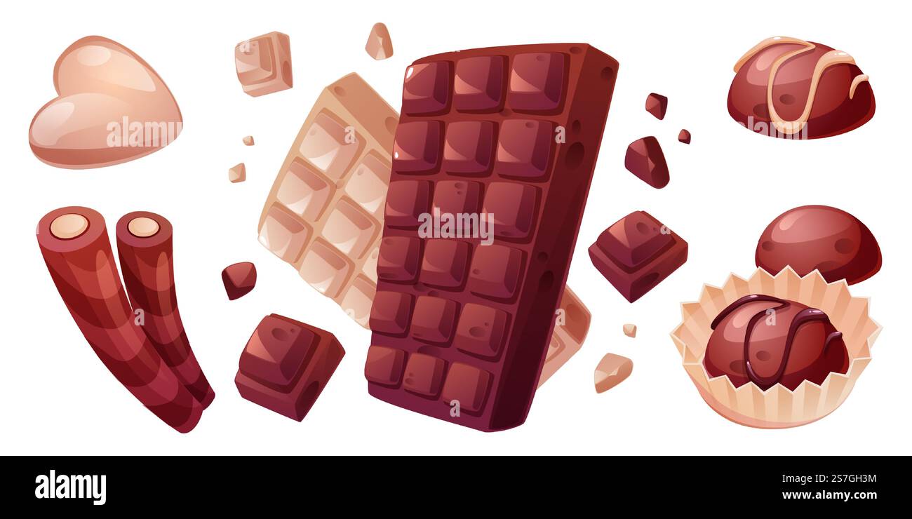 Barres de chocolat et bonbons isolés sur fond blanc. Illustration vectorielle de dessin animé de dessert amer noir, doux et blanc de cacao, forme de coeur sucré dans l'emballage de papier, bannière de confiserie Illustration de Vecteur