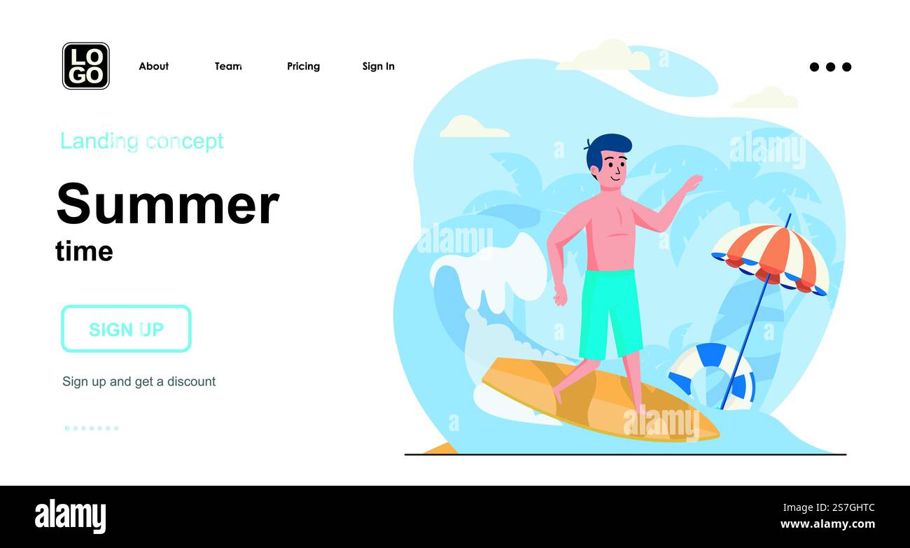 Concept Web de l'heure d'été. Homme surf, repos à la station balnéaire, vacances à l'océan, activité nautique. Modèle de scènes de personnes. Illustration vectorielle avec des activités de personnage dans la conception plate pour le site Web Illustration de Vecteur