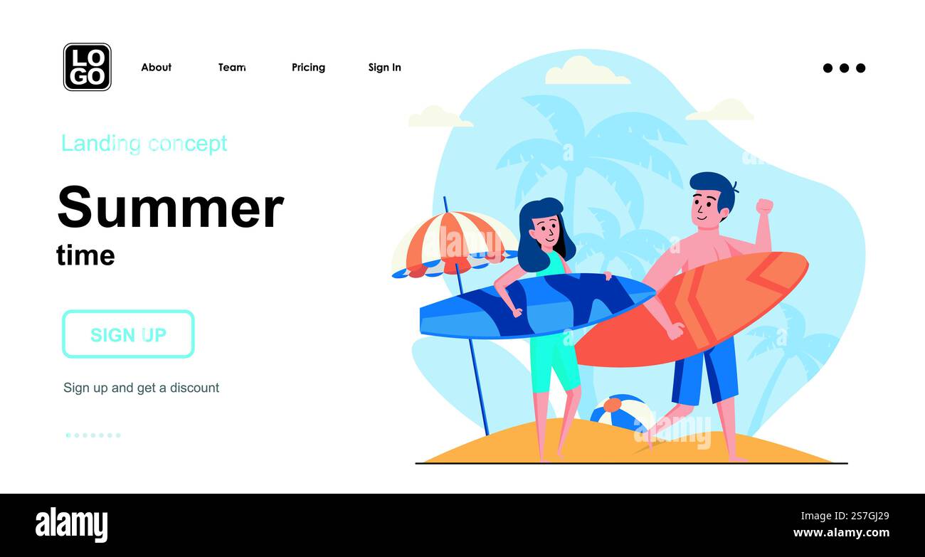 Concept Web de l'heure d'été. Surf en couple, repos à la station balnéaire, vacances à l'océan, activité familiale. Modèle de scènes de personnes. Illustration vectorielle avec des activités de personnage dans la conception plate pour le site Web Illustration de Vecteur
