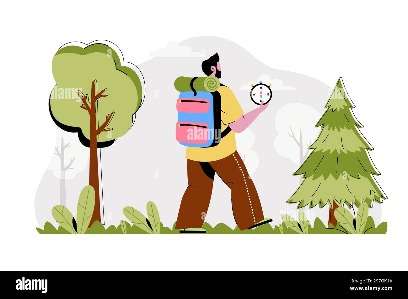 Campagne dans les bois concept. Homme avec sac à dos et boussole va en situation de randonnée. Activité de plein air, scène des gens de tourisme. Illustration vectorielle avec conception de caractère plat pour site Web et site mobile Illustration de Vecteur