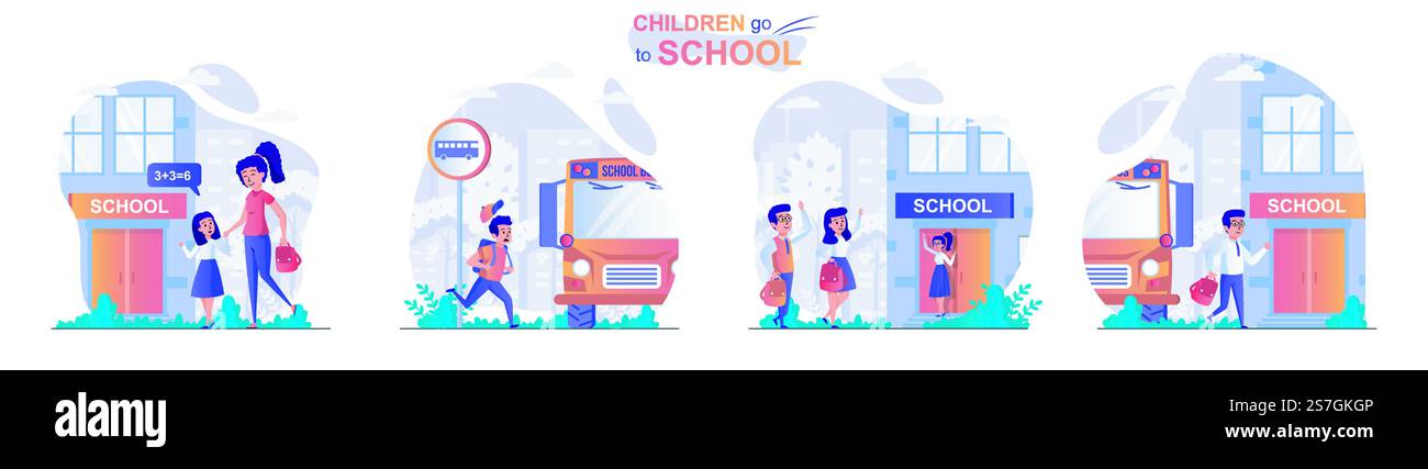 Les enfants vont à l'école concept scènes ensemble. Maman conduit sa fille en classe, l'élève se précipite vers le bus scolaire, l'enseignement primaire. Collecte d'activités de personnes. Illustration vectorielle de personnages dans la conception plate Illustration de Vecteur