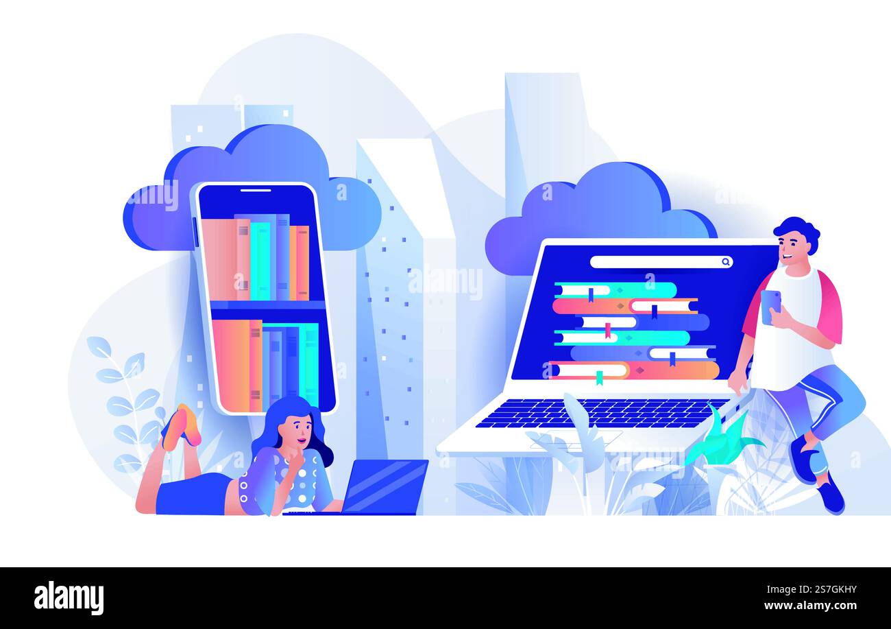 Concept de bibliothèque Cloud dans la conception à plat. Bibliothèque en ligne et e-books modèle de scène. Homme et femme lisant à partir de smartphones, à la recherche de livres en ligne. Illustration vectorielle des activités des personnages de personnes Illustration de Vecteur