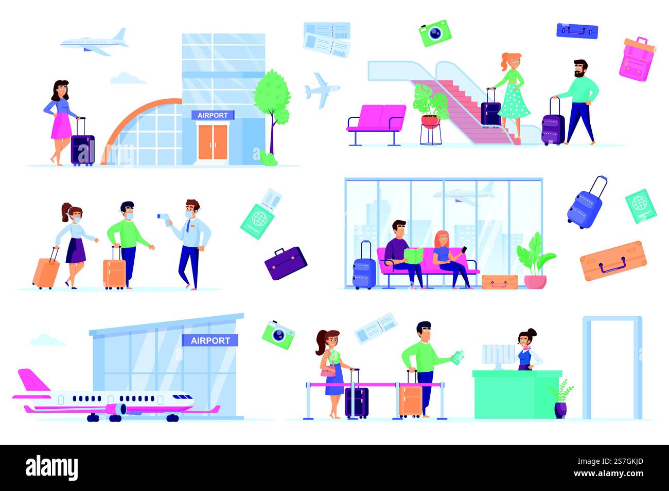 Ensemble aéroportuaire de scènes plates. Ensemble isolé d'embarquement d'avion. Touriste avec bagages, terminal de l'aéroport, avion à réaction, salon de départ, éléments de contrôle de sécurité. Illustration vectorielle de dessin animé voyageant en avion. Illustration de Vecteur