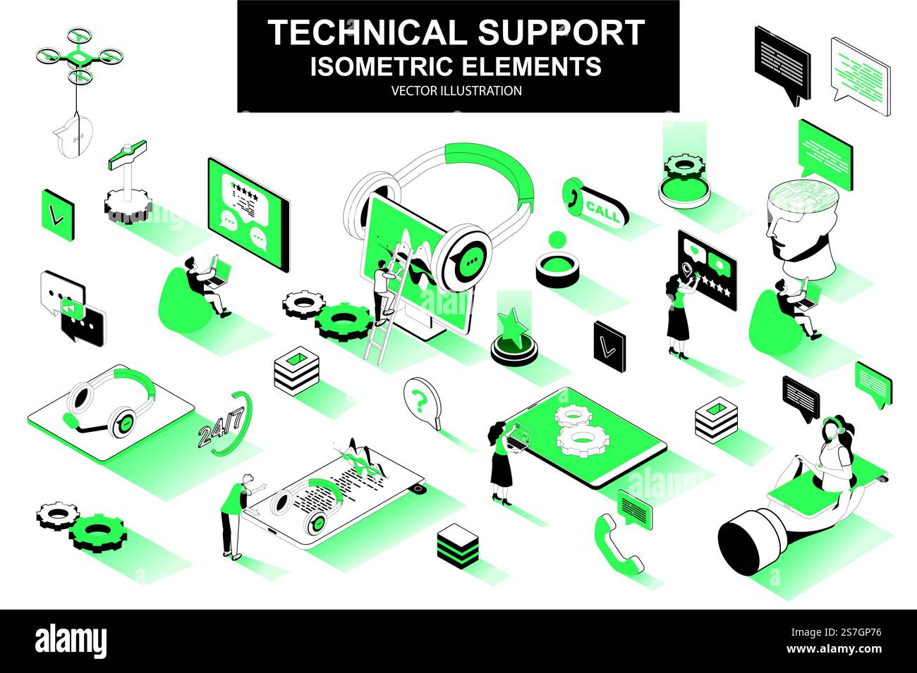Ensemble de support technique d'éléments isométriques. Chatbot, opérateur de centre d'appels, casque, consultant hotline, icônes isolées d'assistance en ligne. Kit d'illustration vectorielle isométrique avec personnages de personnes. Illustration de Vecteur