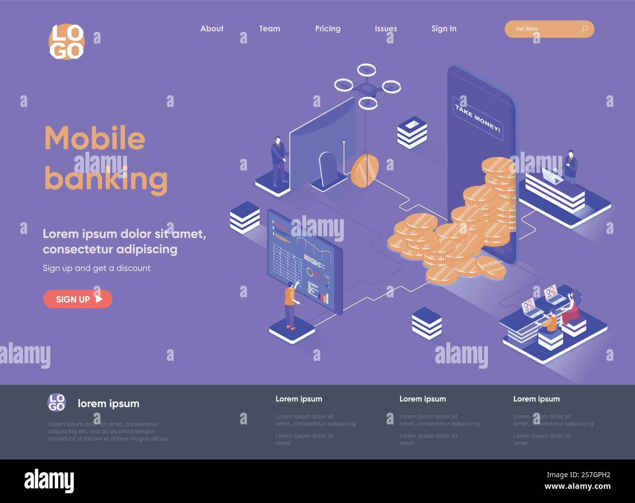 Page d'accueil isométrique des services bancaires mobiles. Application mobile pour la gestion financière, le paiement en ligne et la page web de l'isométrie comptable. Modèle plat de site Web, illustration vectorielle avec des personnages de personnes. Illustration de Vecteur