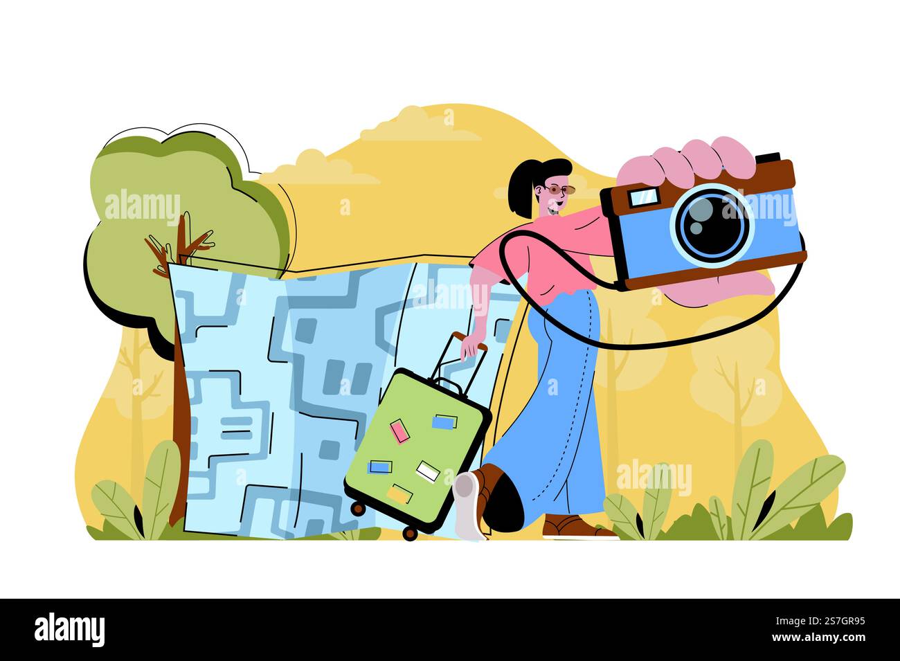 Concept de capture d'impressions. Femme avec appareil photo allant en situation de vacances. Moments mémorables de la scène des gens de voyage. Illustration vectorielle avec conception de caractère plat pour site Web et site mobile Illustration de Vecteur
