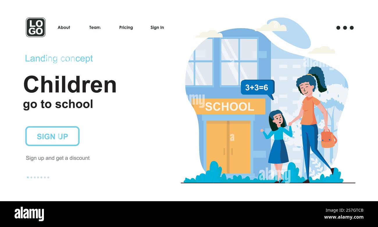 Les enfants vont à l'école Web concept. Mère emmène sa fille à l'école le matin. Enseignement primaire. Modèle de scène de personnes. Illustration vectorielle avec des activités de personnage dans la conception plate pour le site Web Illustration de Vecteur