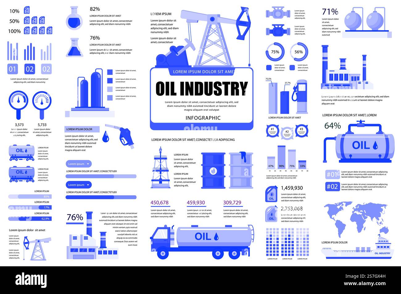 Grouper l'infographie de l'industrie pétrolière UI, UX, éléments DE KIT. Différents graphiques, diagrammes, flux de travail, transport, usine, extraction de brut, modèle de conception de graphiques. Ensemble graphique et infographies vectorielles. Illustration de Vecteur